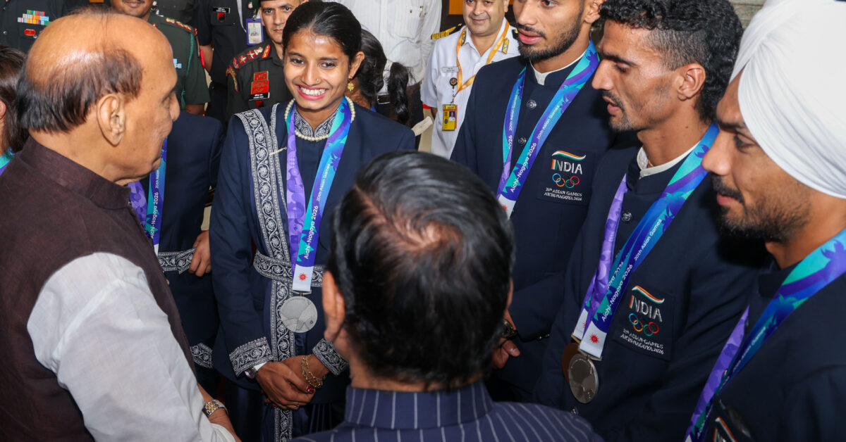 The Union Minister for Defence, Shri Rajnath Singh, felicitated the sportspersons from the defence forces who bagged 27 medals - 06 Gold, 11 Silver and 10 Bronze - at the recently concluded Asian Games in Japan, on October 12, 2026.