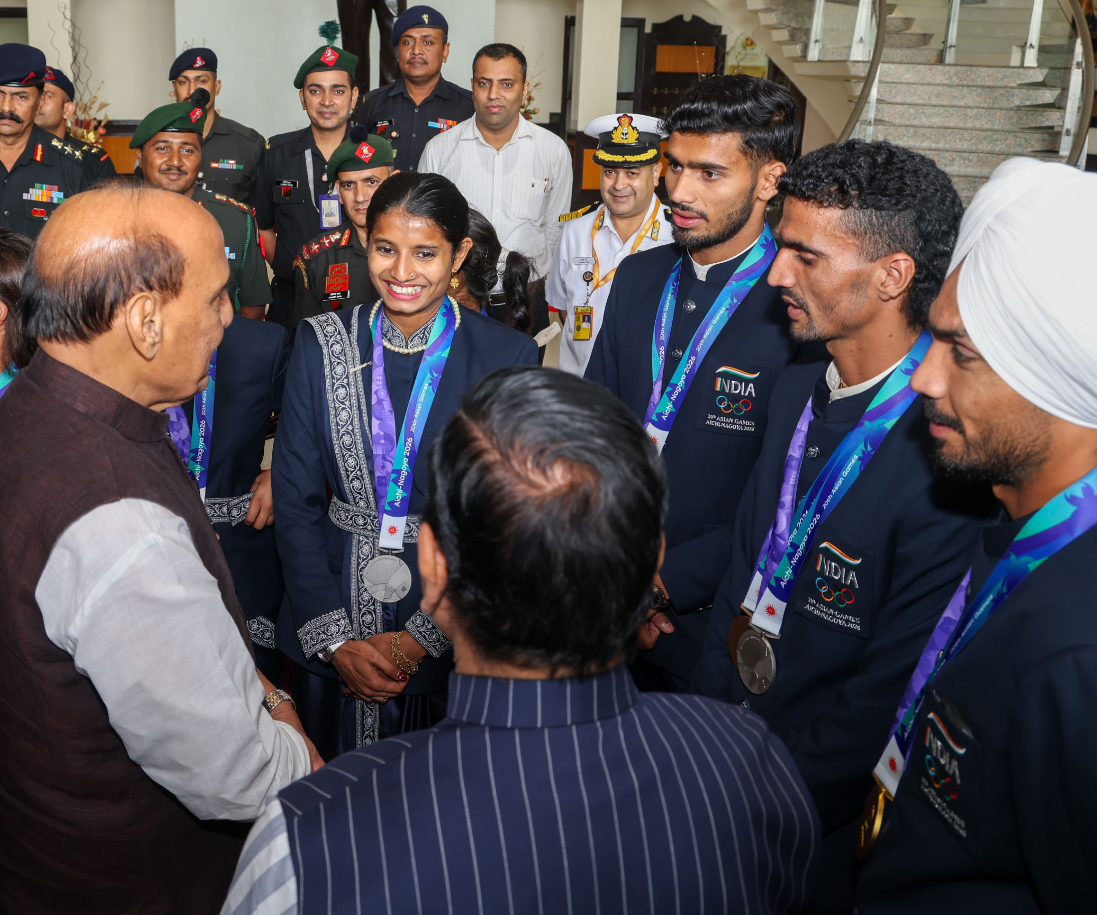 The Union Minister for Defence, Shri Rajnath Singh, felicitated the sportspersons from the defence forces who bagged 27 medals - 06 Gold, 11 Silver and 10 Bronze - at the recently concluded Asian Games in Japan, on October 12, 2026.