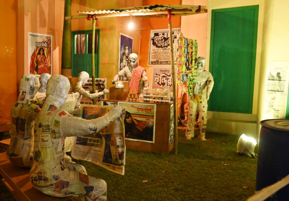 Arambagh Durga Puja Showcases Artistic Tribute to Print Media Through Recycled Newspapers